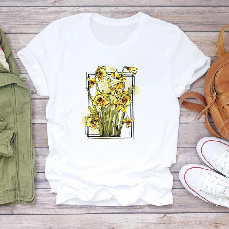 (Азиатский размер) Футболка, верхняя одежда, милый цветочный тренд, милая женская футболка с коротким рукавом и принтом, женская модная футболка, повседневная футболка с рисунком