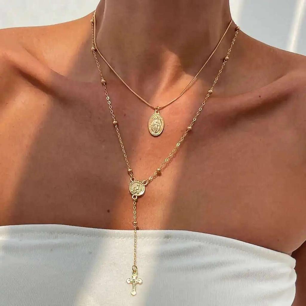 Salircon Hip Hop 2Pcs/Set Unique Cross Pendant Necklace for Women Fashion Metal Collarbone Chain Y2K Party Jewelry Gift New