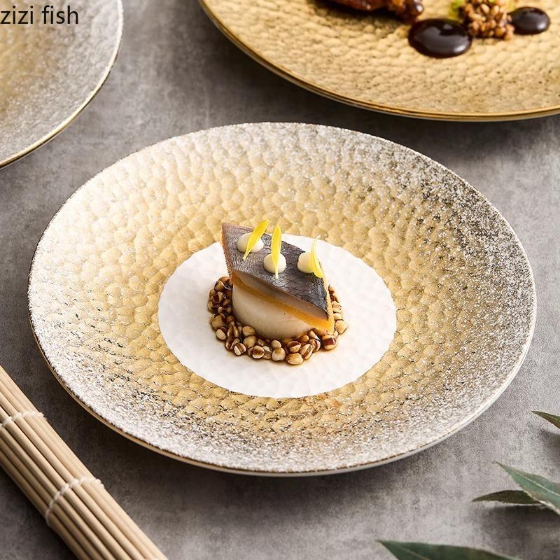 Hammer Texture Ceramic Golden Shallow Plate Steak Plate Dessert Dish Salad Plate Service Plates Restaurant Creative Tableware