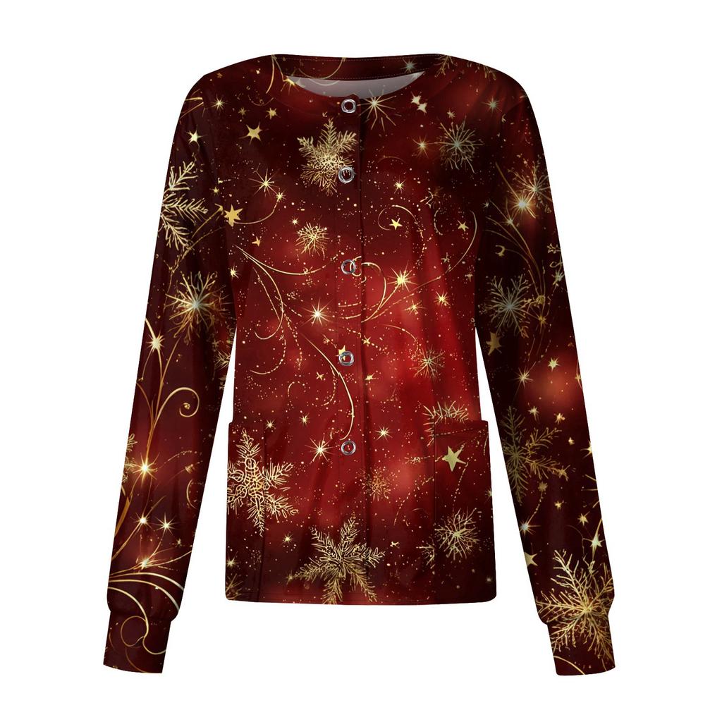 Women's Casual Long-sleeved Single-breasted Christmas Printed Protective Clothing Cardigan Top