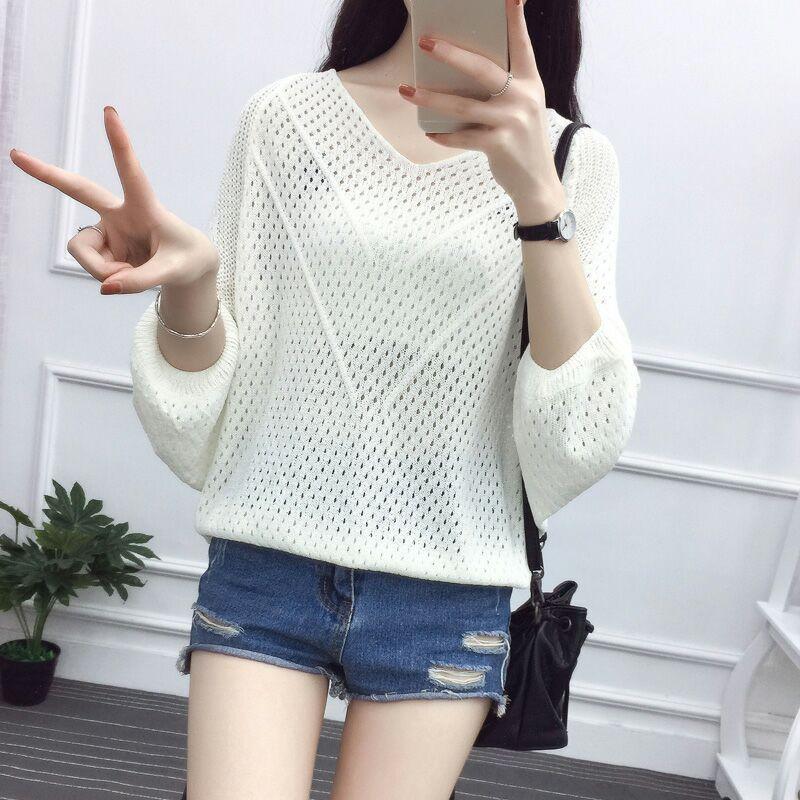 Тонкий пуловер с v-образным вырезом, вязаный свитер, женские топы, большой размер, свитер со скелетом и семиминутными рукавами, женская свободная рубашка