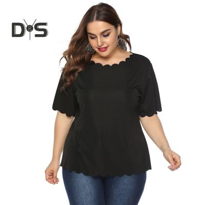 Плюс Размер Короткий рукав Топ для женщин Свободная футболка с круглым вырезом Летняя повседневная блузка с волнистым подолом для домашнего отпуска