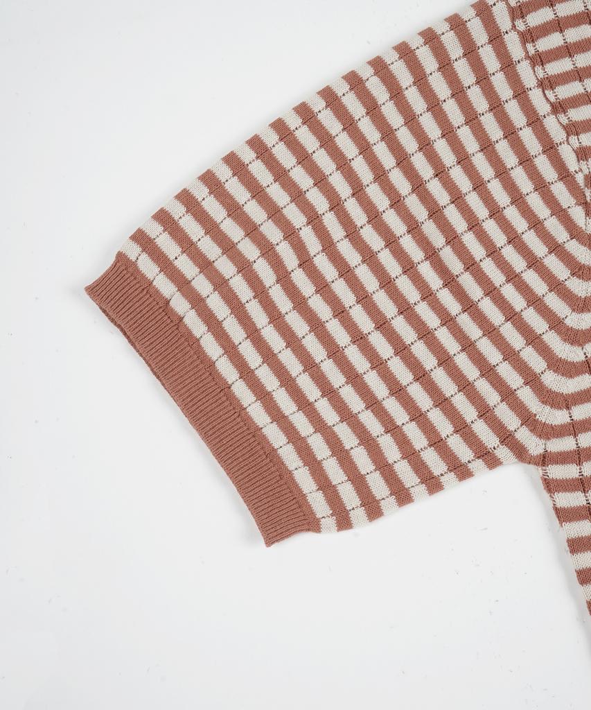 BIRBANTE Summer Washable Striped Collar Knit - Brick/Beige