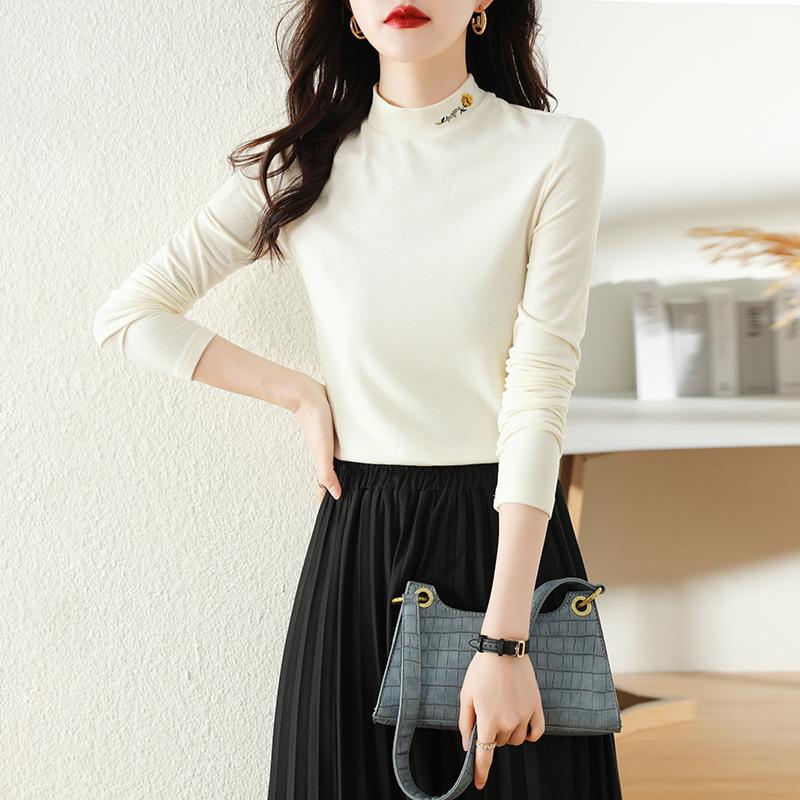 Новая осенне-зимняя футболка с длинными рукавами и полувысоким воротом из немецкого бархата для женщин, облегающего кроя и тонкой внутренней подкладкой