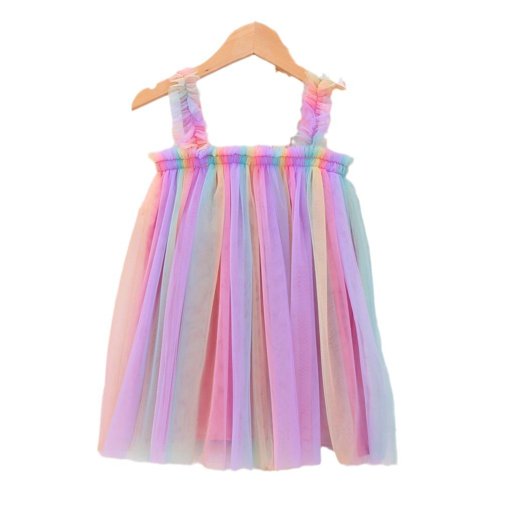 New Girls' Summer Rainbow Mesh Princess Dress & Tutu Skirt