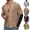 Summer Men Shirt Knitted Hollow Elastic Solid Color Turn-down Collar Vintage Short Sleeves Single-breasted Cardigan Vacation Beach Top