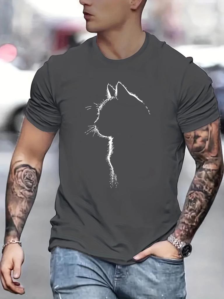 Men's 100% Pure Cotton Summer Loose Oversized Casual Comfortable Cat Pattern Printed Sports Round Neck Short Sleeved T-shirt Top