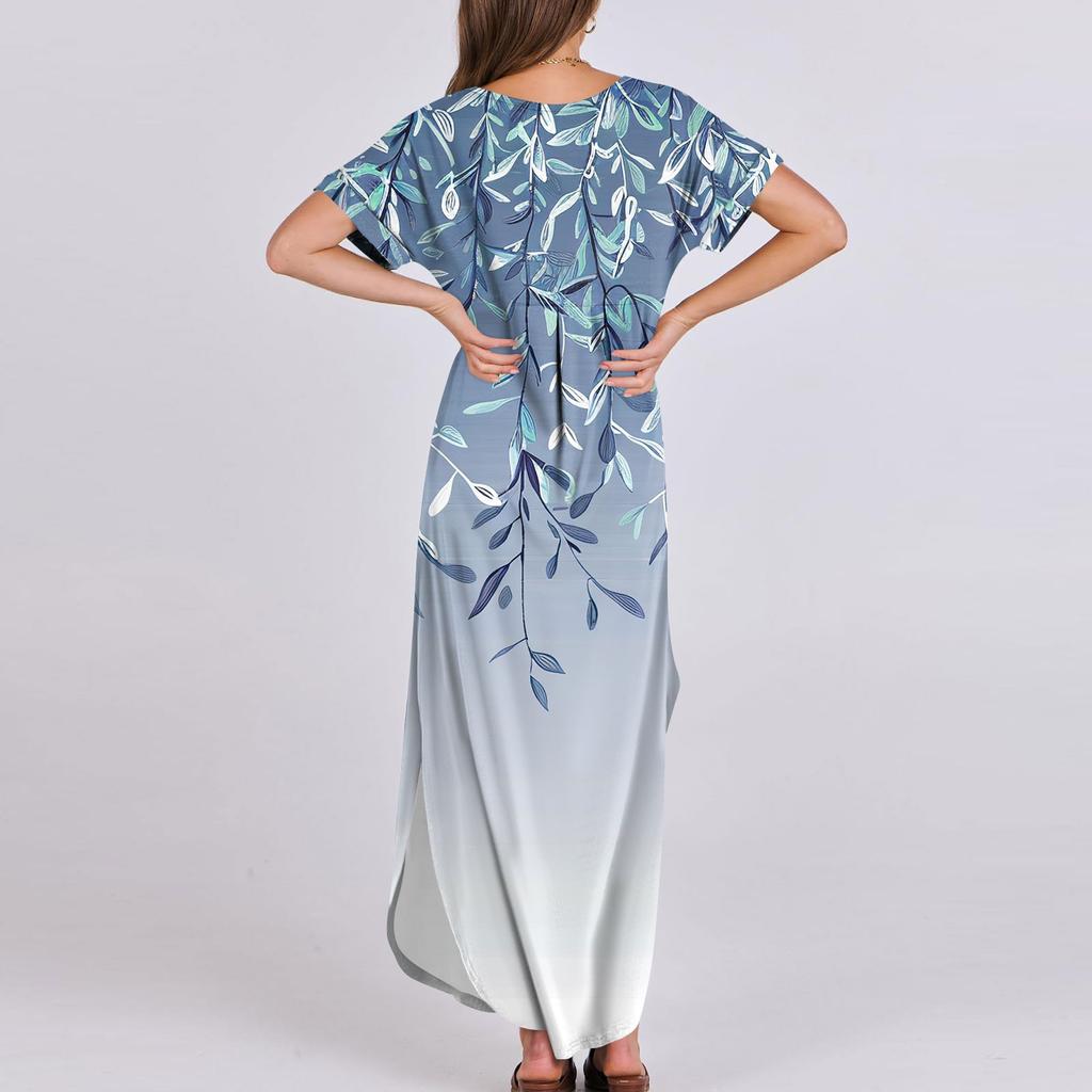Женские летние повседневные свободные пляжные макси длинные платья с V-образным вырезом и короткими рукавами, модные наряды