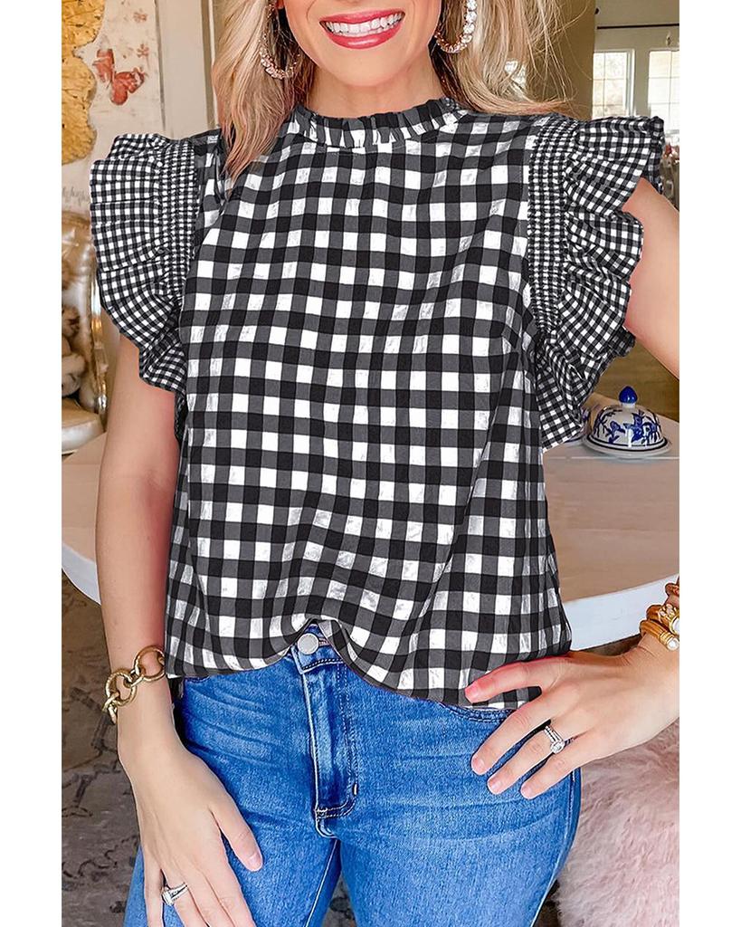 Azura Exchange Черная клетчатая блузка с оборками на рукавах и воротником-стойкой