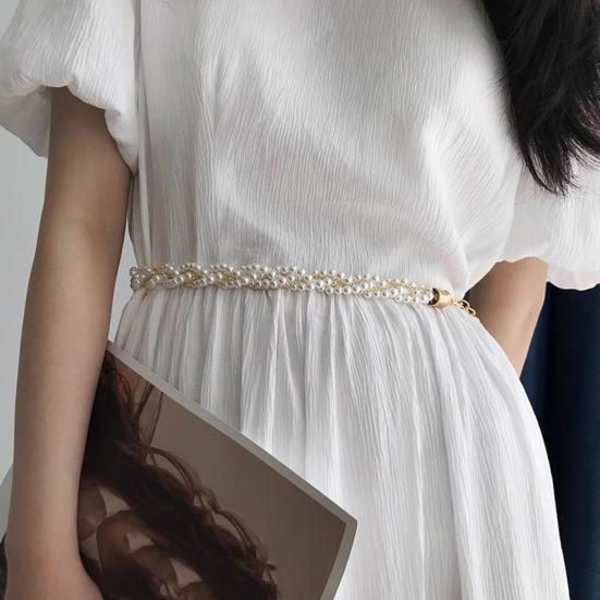 Women Dress Belt Adjustable Length Imitation Pearls Decoration Waistband Shirts Dresses Versatile Accessory