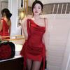 Women's Solid Color Sexy Temperament Diagonal Collar Halter Fold Waist Short Dress
