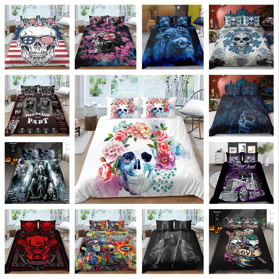 3D Black Skull Head Pattern Bedding Single Double Bed Full Size Special Skull Head Print Pillowcase and Quilt Cover 2 or 3 Comfortable Home Decoration