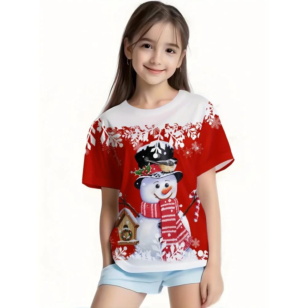 3D printed Christmas T-shirt for girls, Santa Claus short sleeved round neck casual Christmas girl top