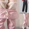 Fashion Women Winter Warm Long Pants Fleece Thick Leggins Solid Plus Size Elastic Lace-up Casual Sweatpants Harem Pants Casual Pants