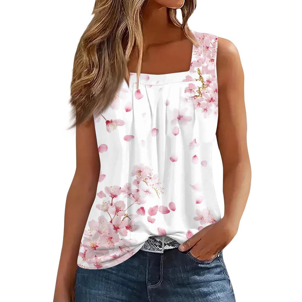 Женская плиссированная футболка без рукавов с квадратным воротником и принтом