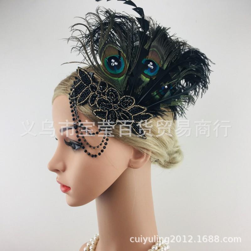 Halloween Peacock Feather Hair Clip With Rhinestones Tassel Headband Women Costume Party Wedding Photoshoot 1920s Flapper