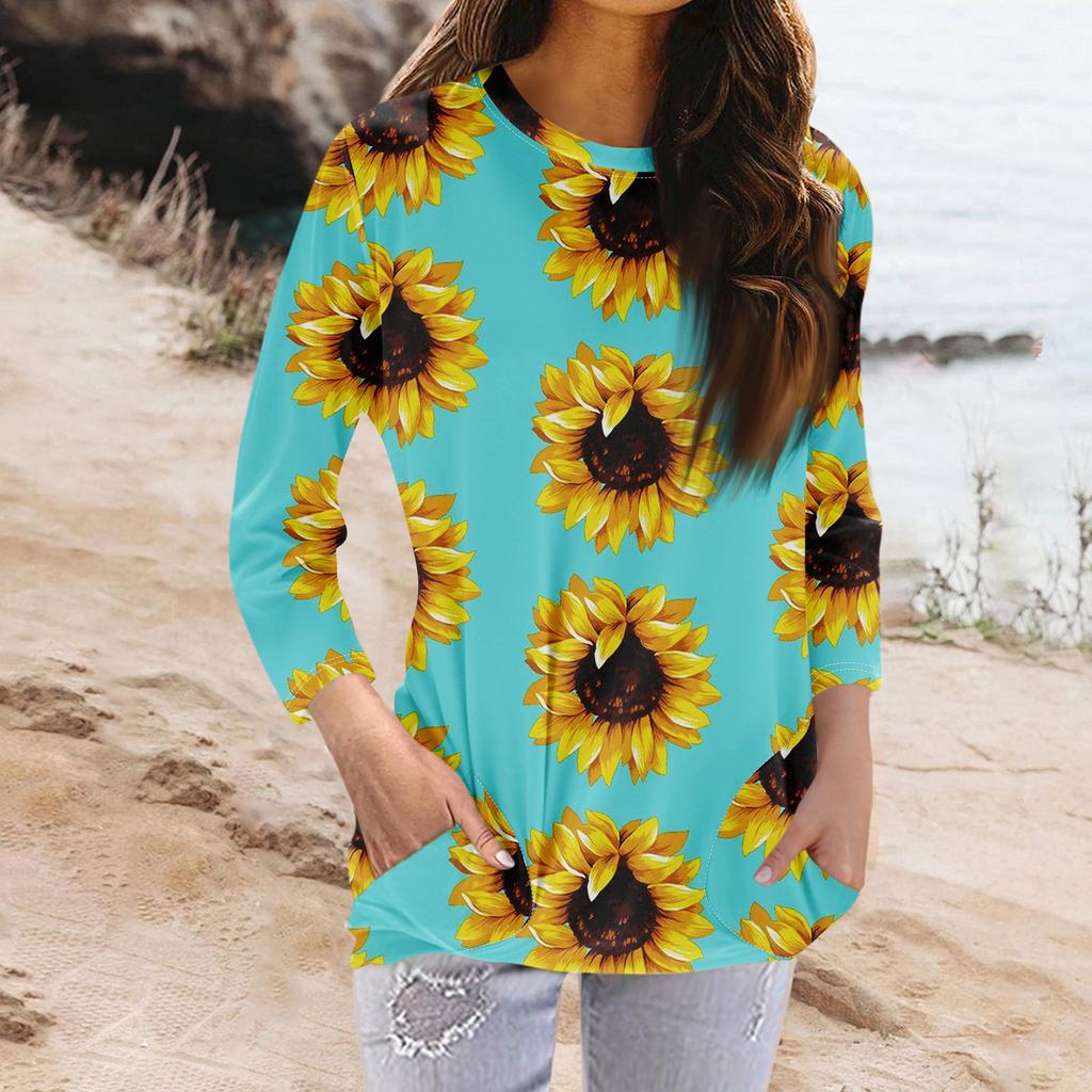 Женская модная повседневная футболка с карманом и круглым вырезом с рукавами 3/4 и топом