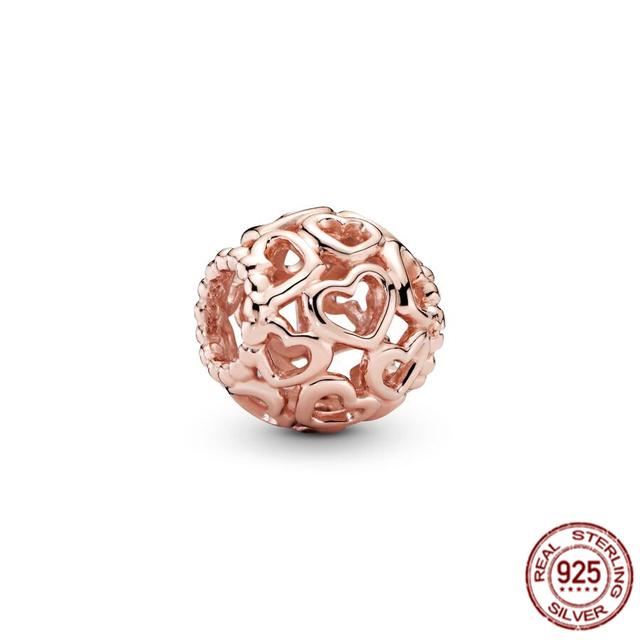 Ажурный круглый шарм с покрытием из розового золота, бусина из стерлингового серебра 925 пробы, подходит для милого модного браслета, ожерелье, ювелирные изделия для женщин
