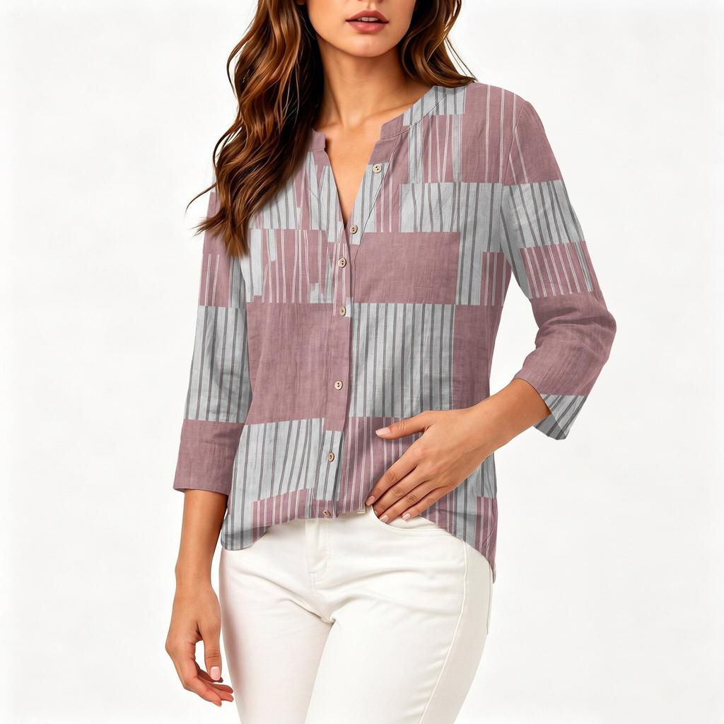 Женская модная хлопково-льняная рубашка с принтом, рукавом 3/4 и пуговицами для повседневной носки