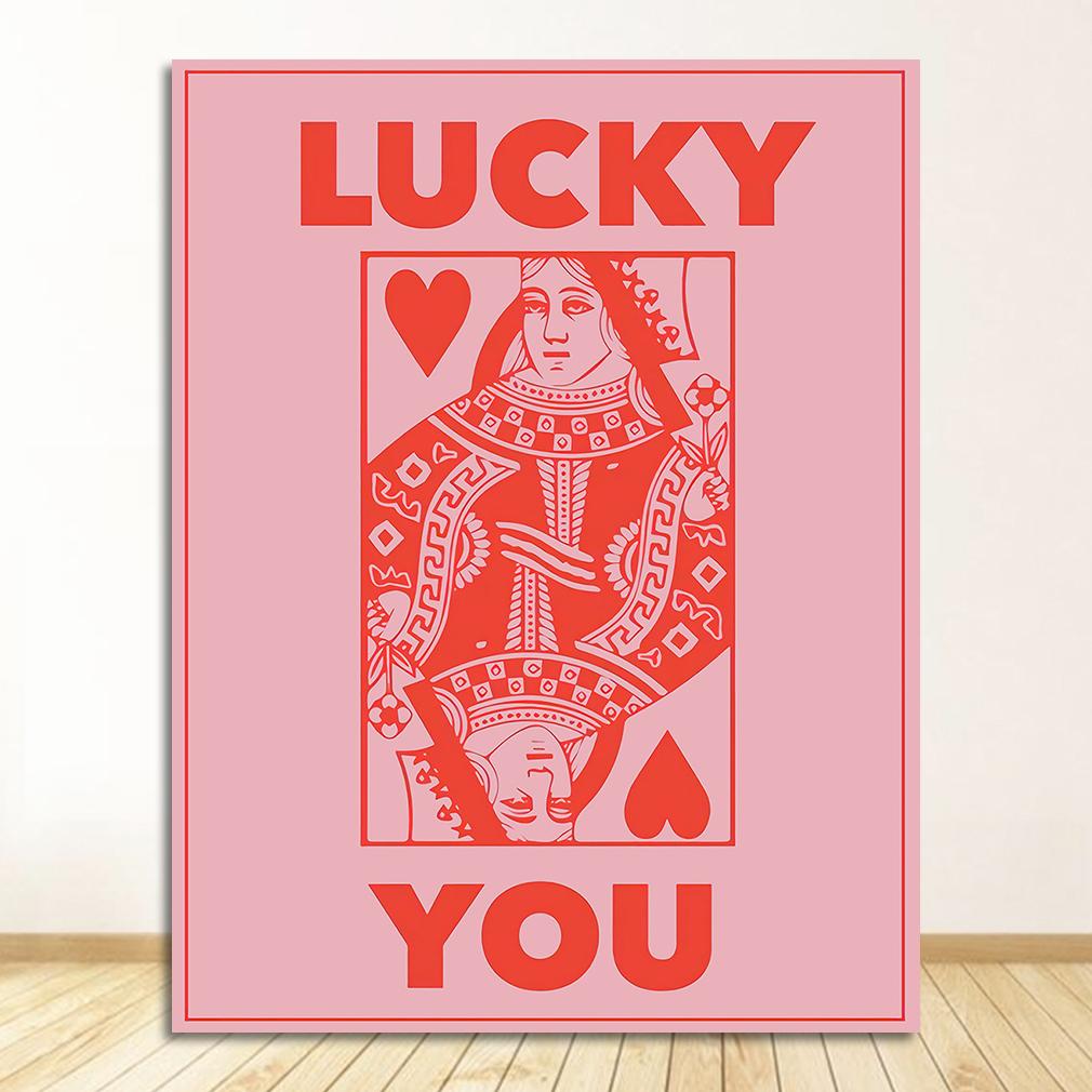 Картина на холсте, настенная живопись в розовом стиле, надпись Lucky You, фотографии для гостиной, современный декоративный скандинавский абстрактный постер, линия лица