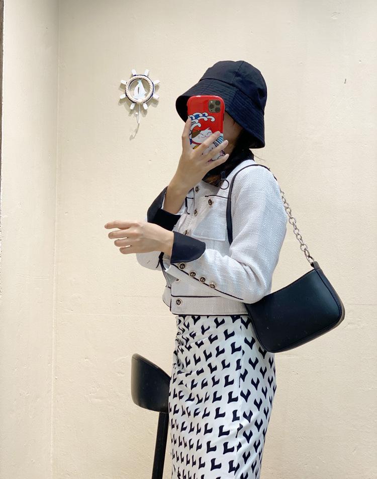 Korean Style Black Patchwork Metal Ring Underarm Baguette PU Shoulder Bag - Vintage Women's Crossbody Handbag