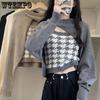 Вязаный кардиган Камзол из двух частей Осенний костюм Одежда в клетку Маленькая майка женская