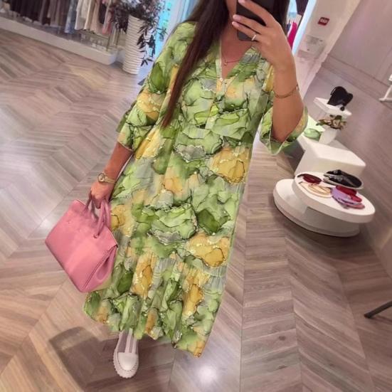 Женское платье макси с цветочным принтом в стиле бохо, летнее свободное платье миди с V-образным вырезом, повседневное платье А-силуэта с длинными рукавами для вечеринок, пляжного отдыха