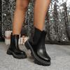 Повседневные однотонные черные женские ботинки челси из полиуретана 2025 Зима Круглый носок Толстая подошва Низкий каблук Ботильоны Мотоциклетные ботинки Женские