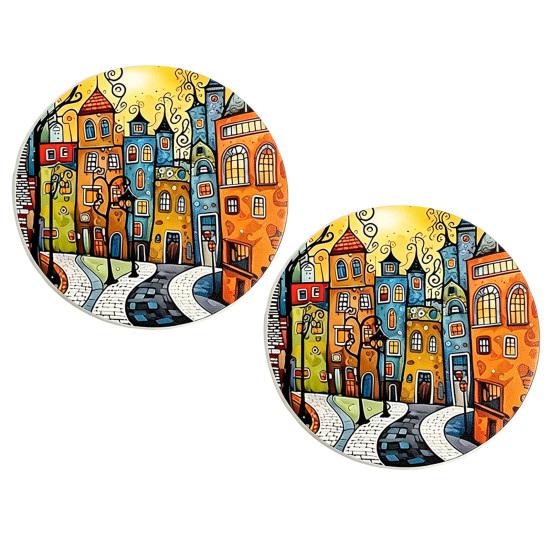 jijijing 2PCS Car Coasters, Oil Painting Print, Decorative Non-Slip Thermal Pads, Stain-Resistant Easy to Clean Cup Holders, for Home Kitchen