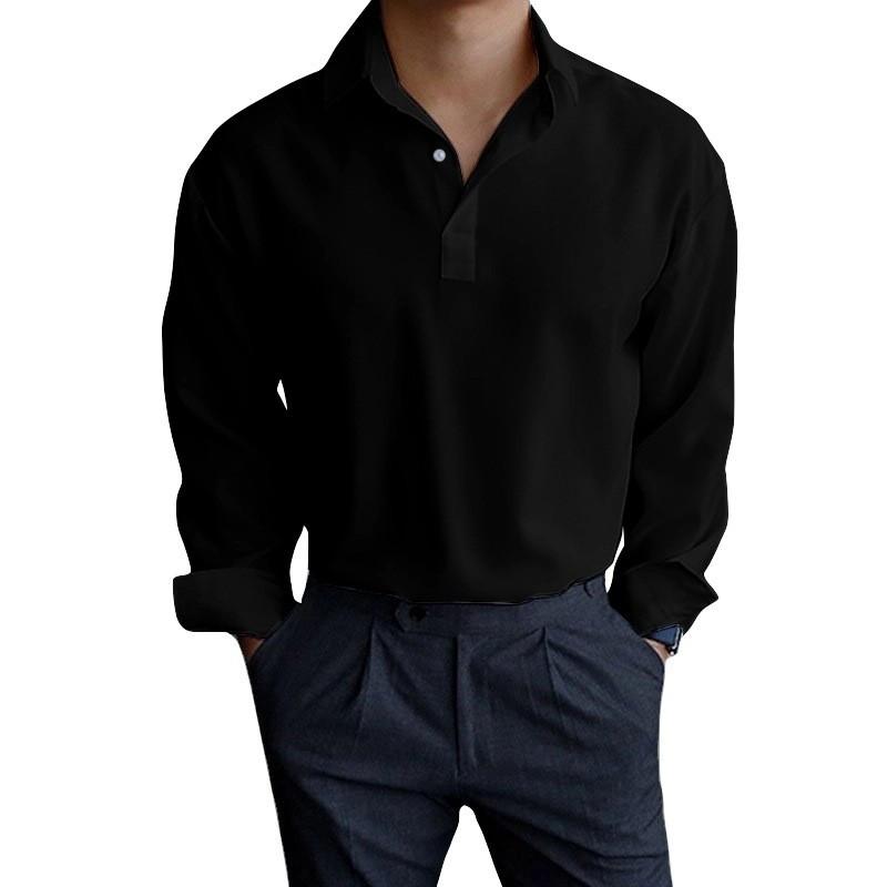 Men Lapel Half Placket Solid Long Sleeve Henley Casual Shirt