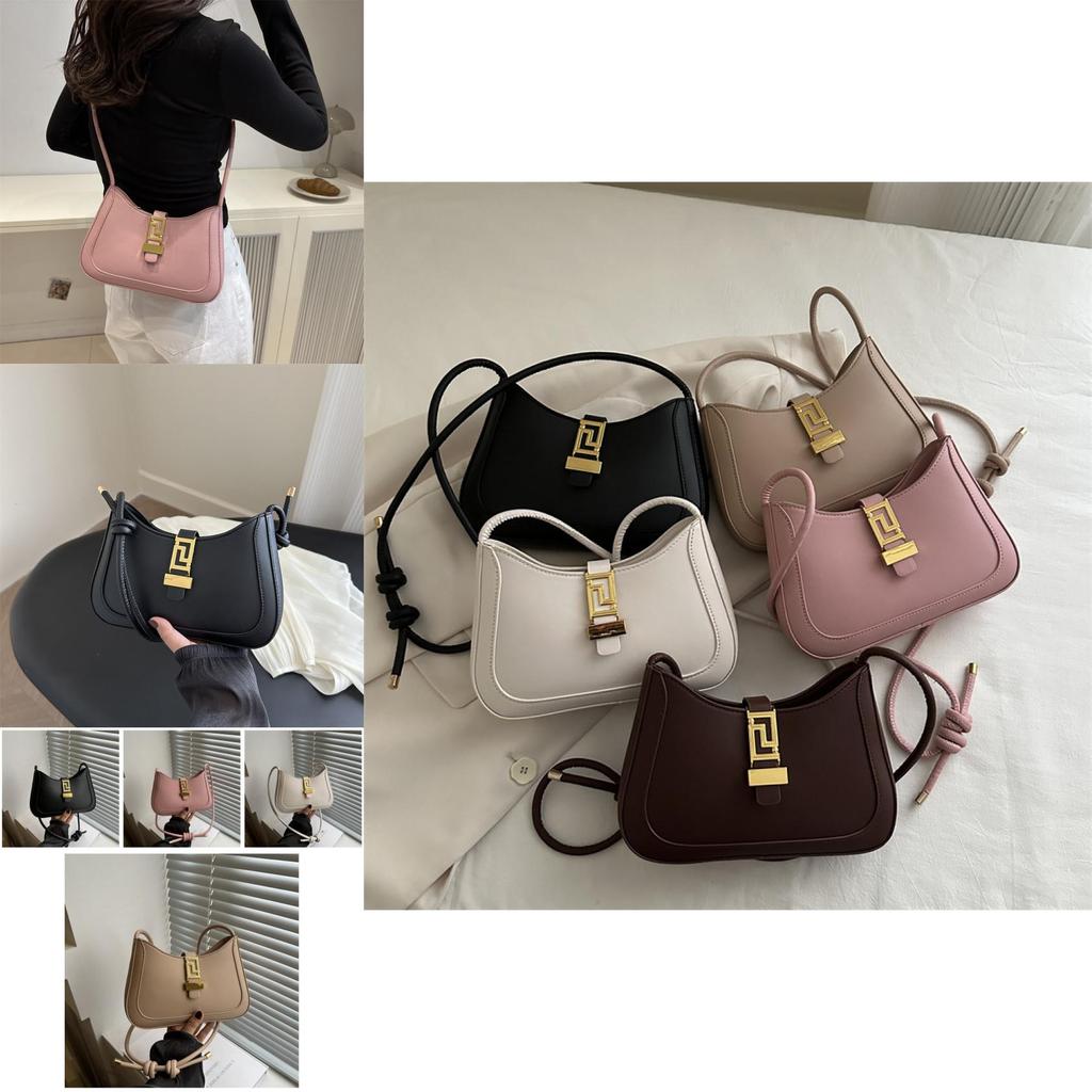 Stylish Large Capacity French Commuter Shoulder Bag With Lock Closure For Women In White Black Pink Khaki Brown