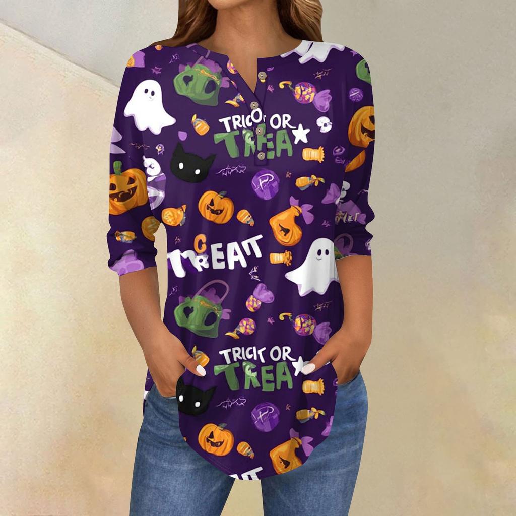 Женская модная свободная футболка с пуговицами на воротнике, с принтом на Хэллоуин, с длинным рукавом, топ, пуловер