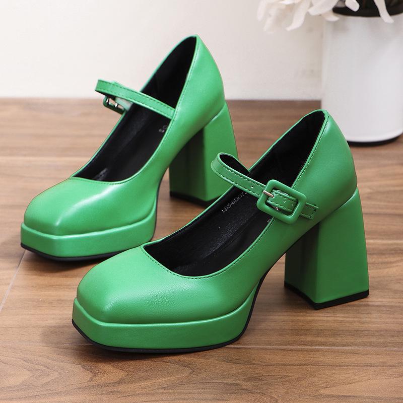 Туфли Мэри Джейн женские весна и осень 2024 новые однословные с квадратным носком водонепроницаемые на платформе с мелким вырезом одинарные туфли большого размера на высоком каблуке женские