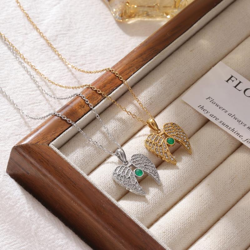 Cross Border Trendy Full Diamond Angel Wings Unisex Stainless Steel Gold Plated Light Luxury Zircon Love Pendant Necklace