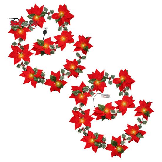 Red Flower Hanging Lights Christmas Poinsettia String Lights, 200/300cm Green Floral Garland, Battery/USB Fireplace Garland Lighting Operated
