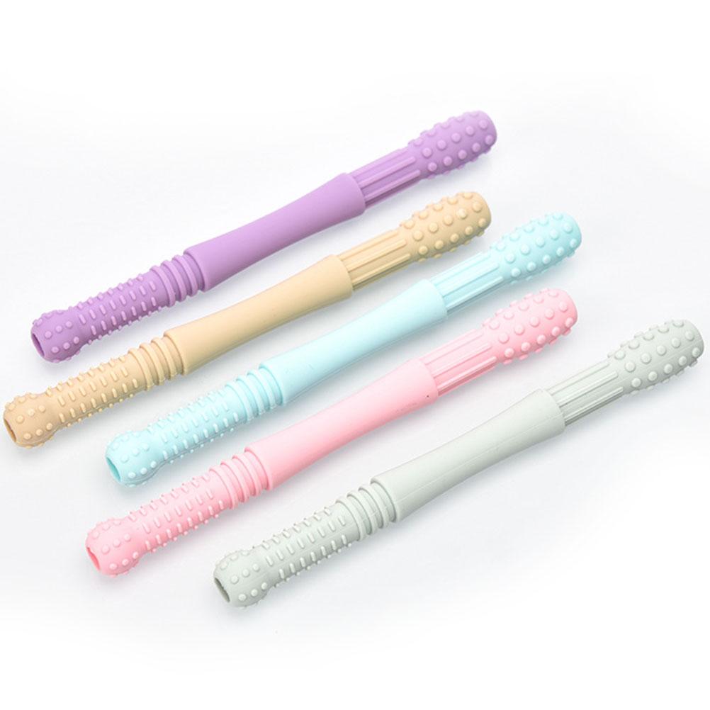 5Pcs Hollow Teething Tubes for Baby Soft Silicone Teether Baby Teething Toys with Cleaning Brush