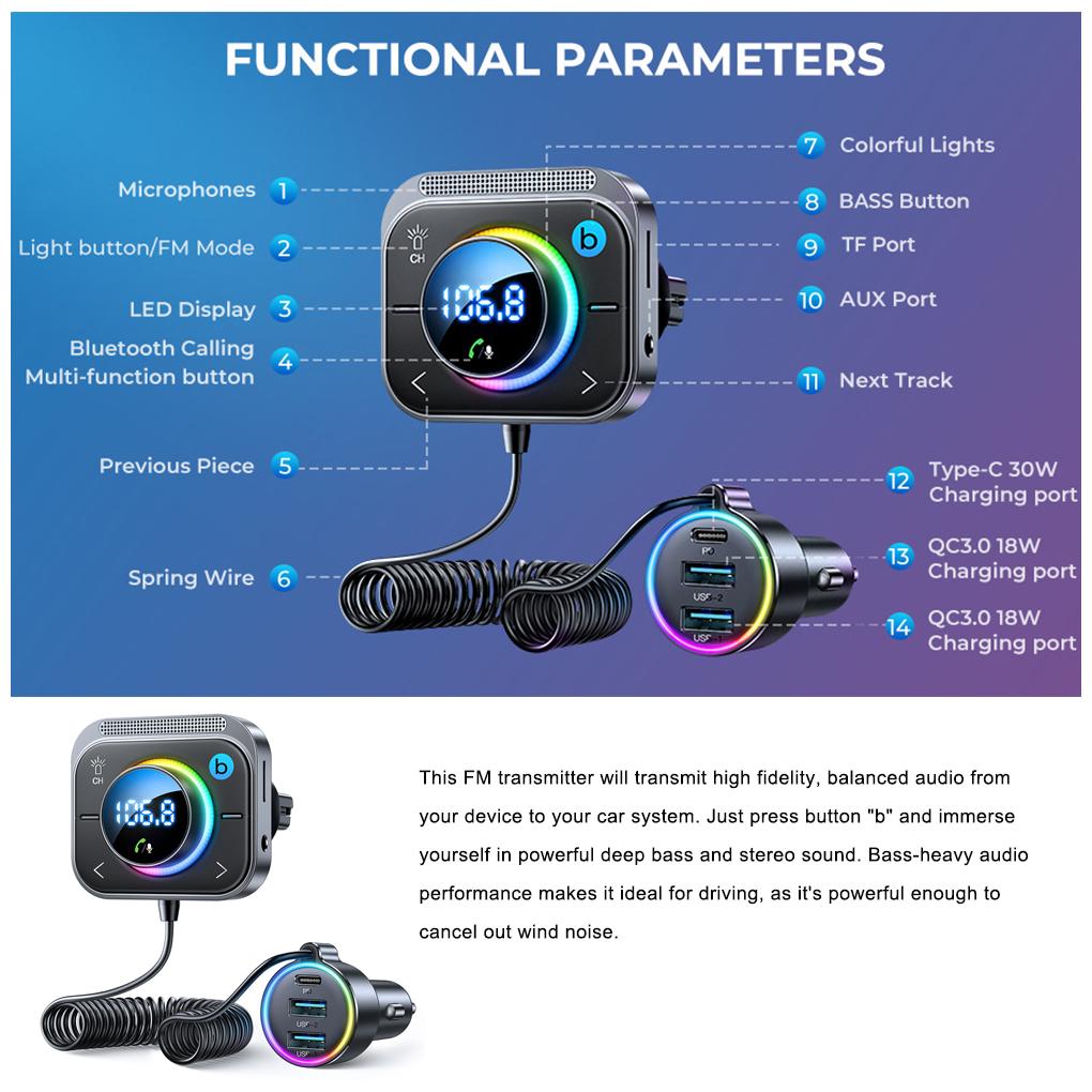 Car Bluetooth FM Transmitter Car Charger Adapter Air Vent Installation 3 Ports PD&QC 3.0 Bluetooth 5.3 Car Transmitter