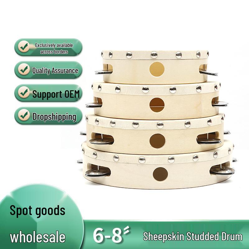 Children's Handmade Sheepskin Tambourine Drum, 6-9 Inch, Wood Color