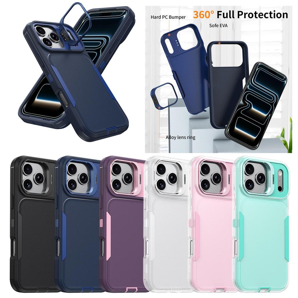 For iPhone 17 Pro Max 16 15 14 13 12 Pro 11 Fashion Luxury Hybrid Rugged Hard PC + TPU Phone Case Back Cover Lens Stand Protector Skins Shell