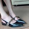 Hot Selling 2025 Spring Summer Style French Diamond Soft Leather Silver Pointed Head Back Empty Mary Jane Single Shoes Women's