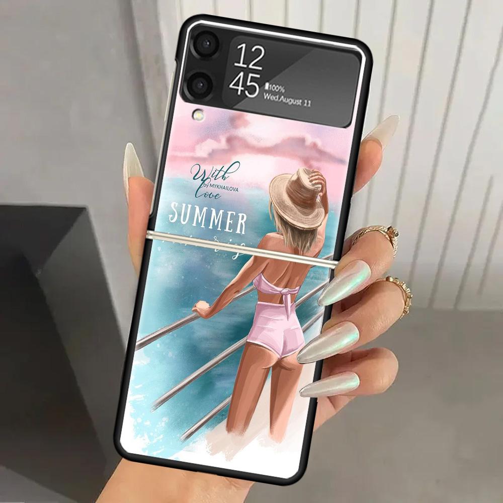 Чехол для телефона Samsung Galaxy Z Flip 6 5 4 3, жесткий ПК, летний пляжный, с фламинго, черная крышка, ZFlip6 Flip5 Flip4 5G, складной, с принтом