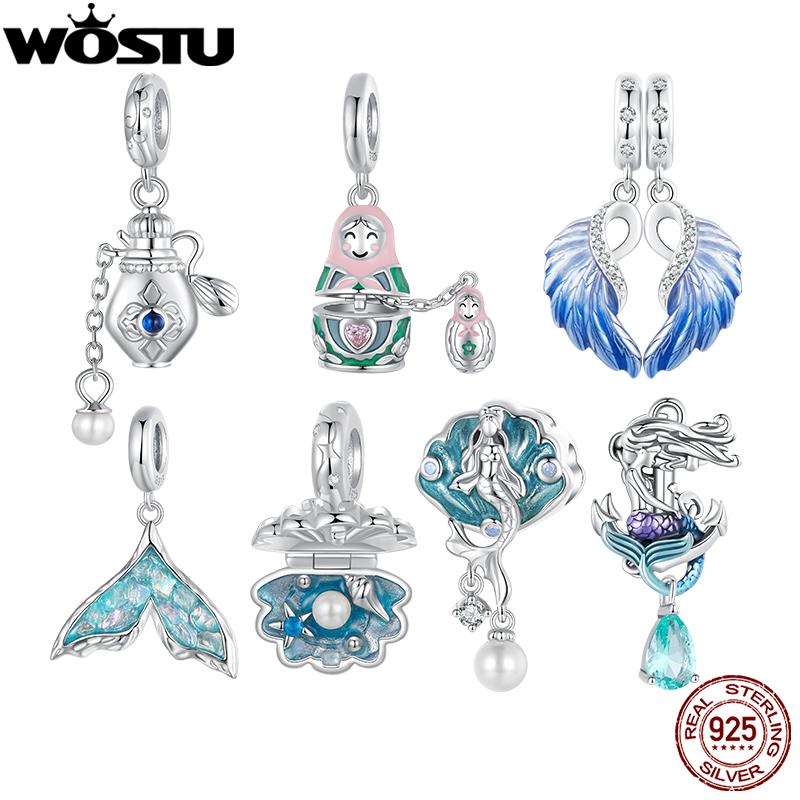 WOSTU 925 sterling silver Matryoshka Doll Charms mermaid Shell Pendant Perfume Bottle Angel Wing Beads Fit DIY Bracelet Necklace