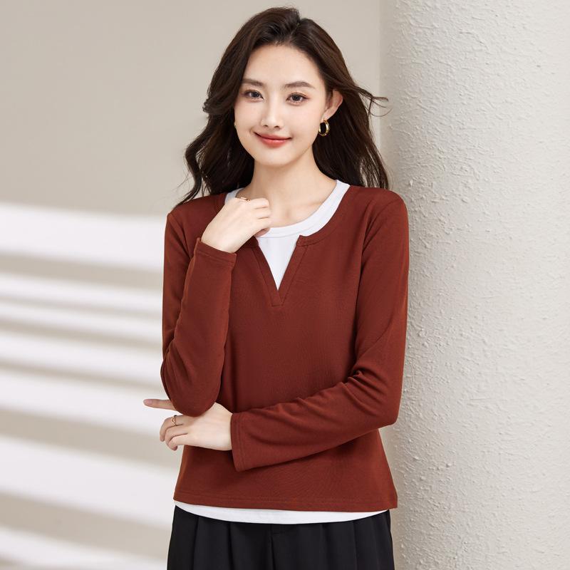 Women's Spring Fashion Simple False Two Comfortable Bottom Slim Slim Sleeved Top