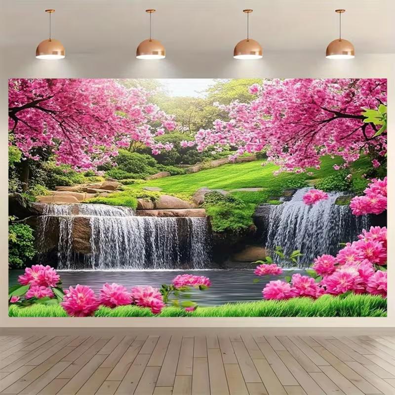 2D Vibrant Pink Flower Waterfall Backdrop for Studio & Party Decoration