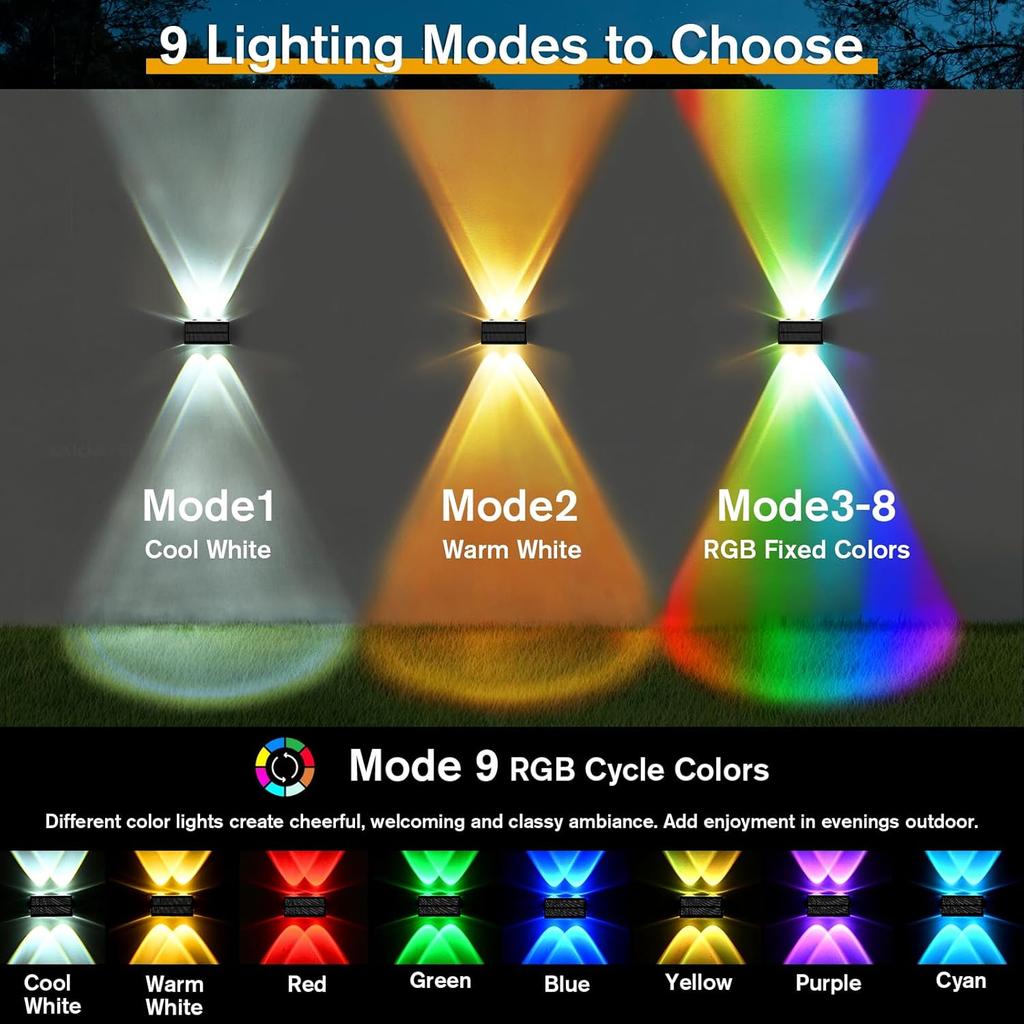 4-Pack Solar Fence Lights, 9-Mode RGB & Warm/Cool White, IP68 Waterproof, Outdoor Patio Yard Pool Wall Light