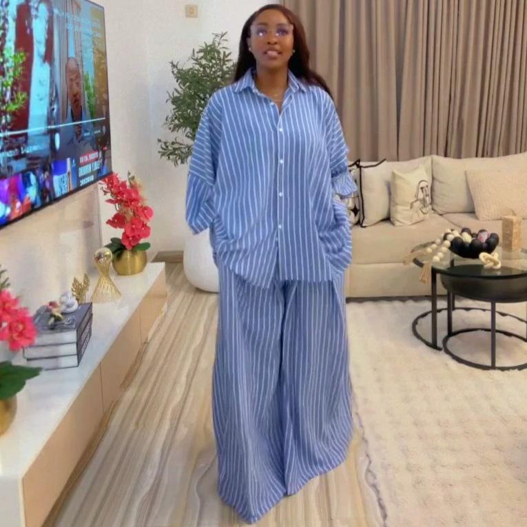 European and American shirts women's long-sleeved lapel single-breasted cardigan shirt casual trousers African foreign fashion two-piece set women