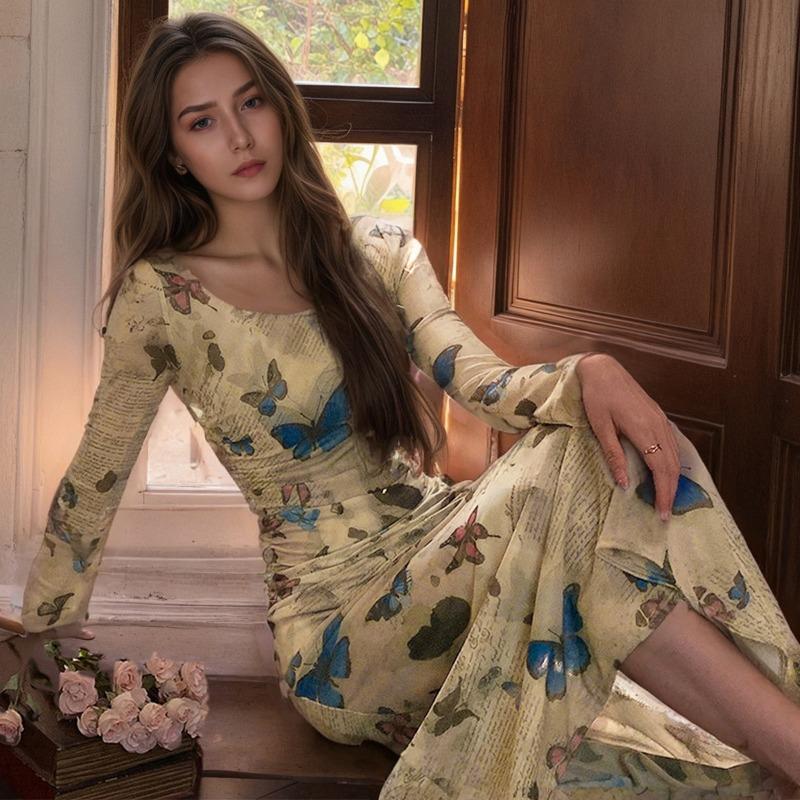 Женское элегантное платье с круглым вырезом и принтом в виде бабочки и длинными рукавами, облегающее по талии