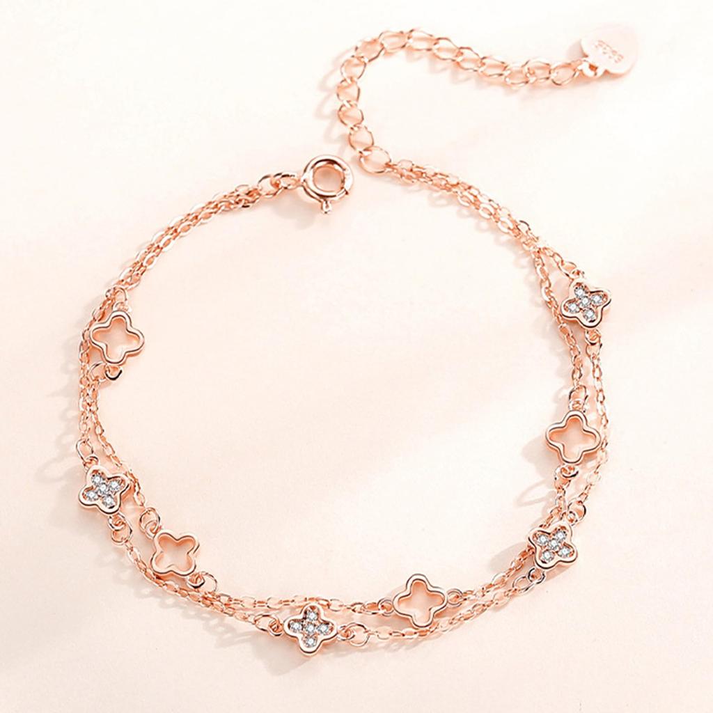 Bracelet for Women 925 pink good luck simple birthday women [Silver Thunder] - 2-strand chain, silver, hypoallergenic, gold, four-leaf clover, charm,