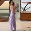 Ruffles Floral Backless V-neck Long Female Camisole Beach Dresses Summer Vacation Side Split Lady Robe