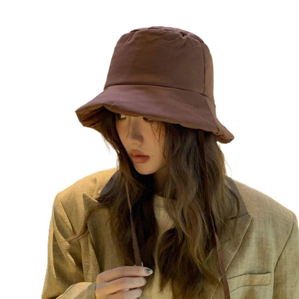 Portable Women Fisherman Hat Windproof Panama Caps Korean Down Cotton Bucket Hats  Autumn Winter